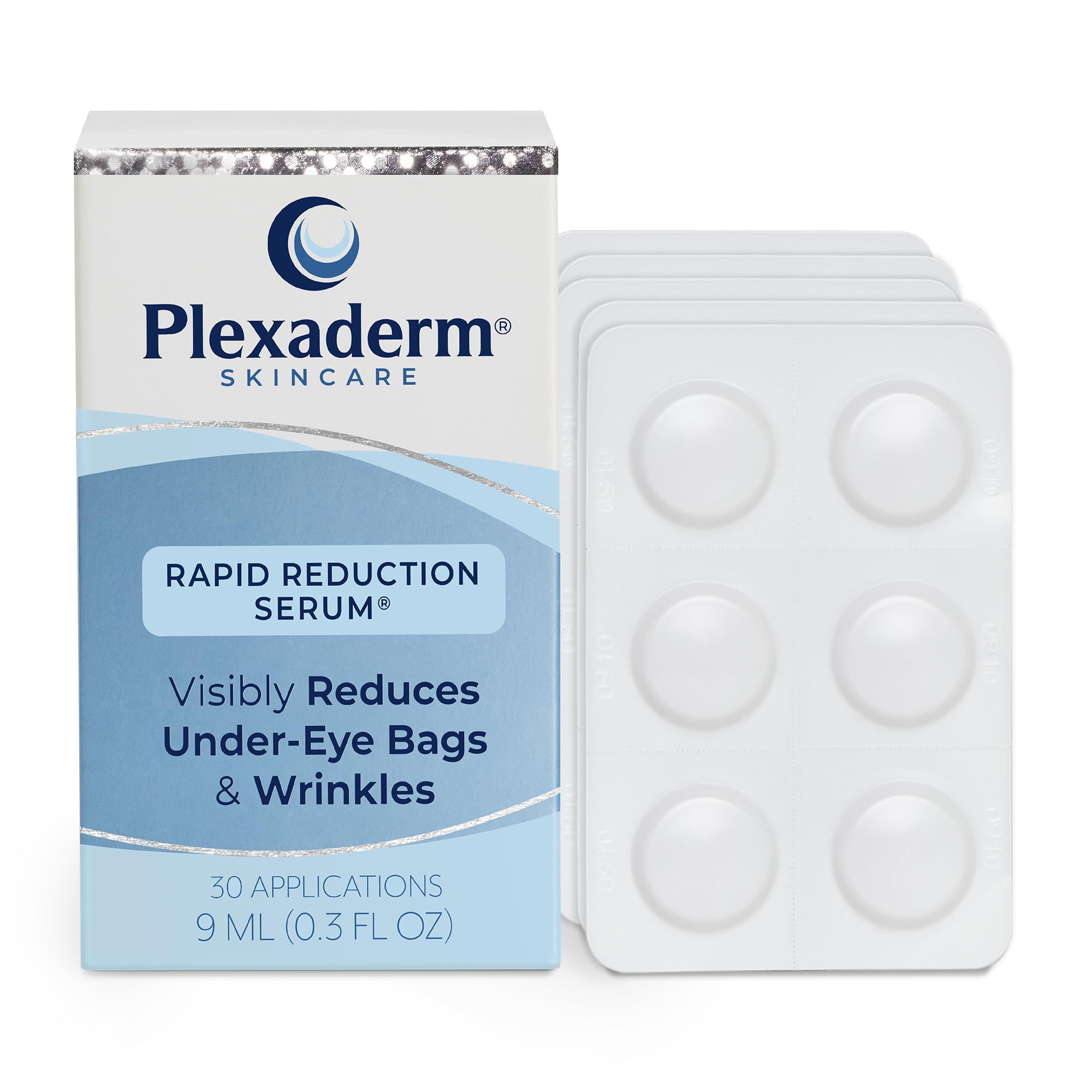 Plexaderm Rapid Reduction Eye Serum bottle on a clean vanity, ready for application.