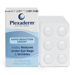 Plexaderm Rapid Reduction Eye Serum bottle on a clean vanity, ready for application.