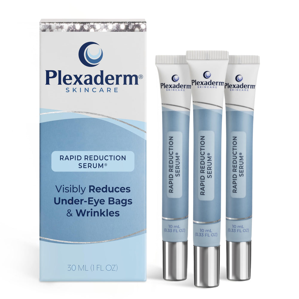 Plexaderm Rapid Reduction Eye Serum bottle with three-tube set for on-the-go use.