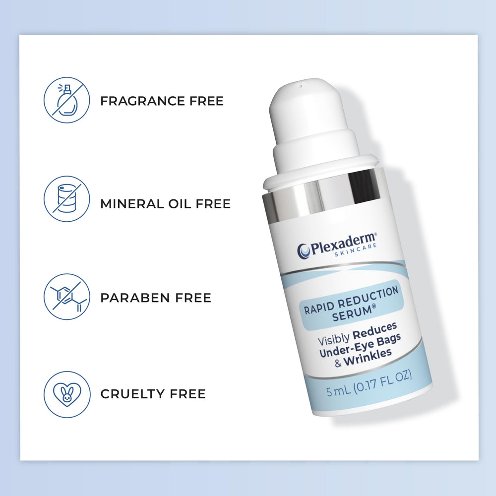 Plexaderm Rapid Reduction Eye Serum clear formula visible on skin.