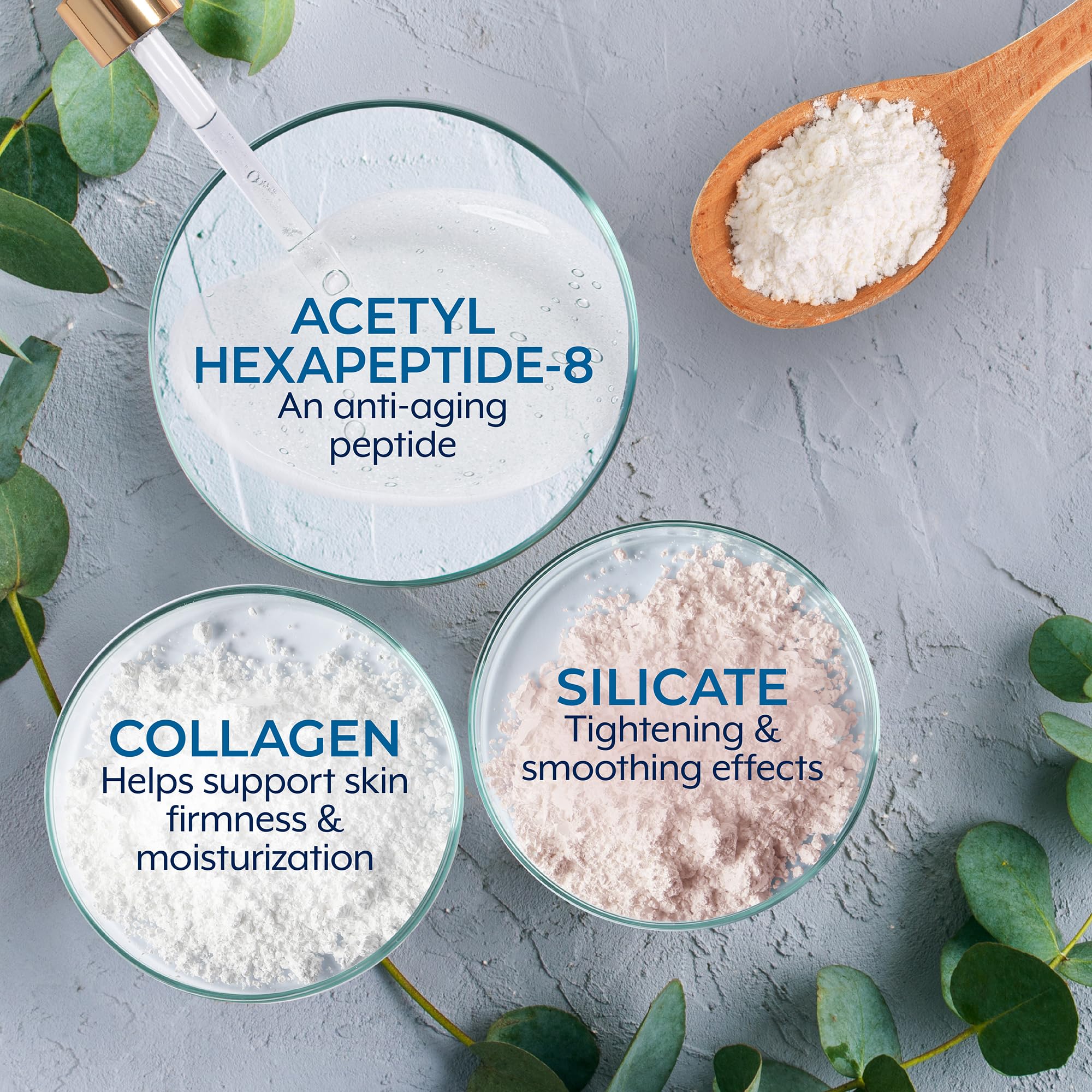 Close-up of Plexaderm serum texture smoothing skin after application.
