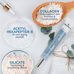 Close-up of Plexaderm serum tube on skin for instant smoothing.