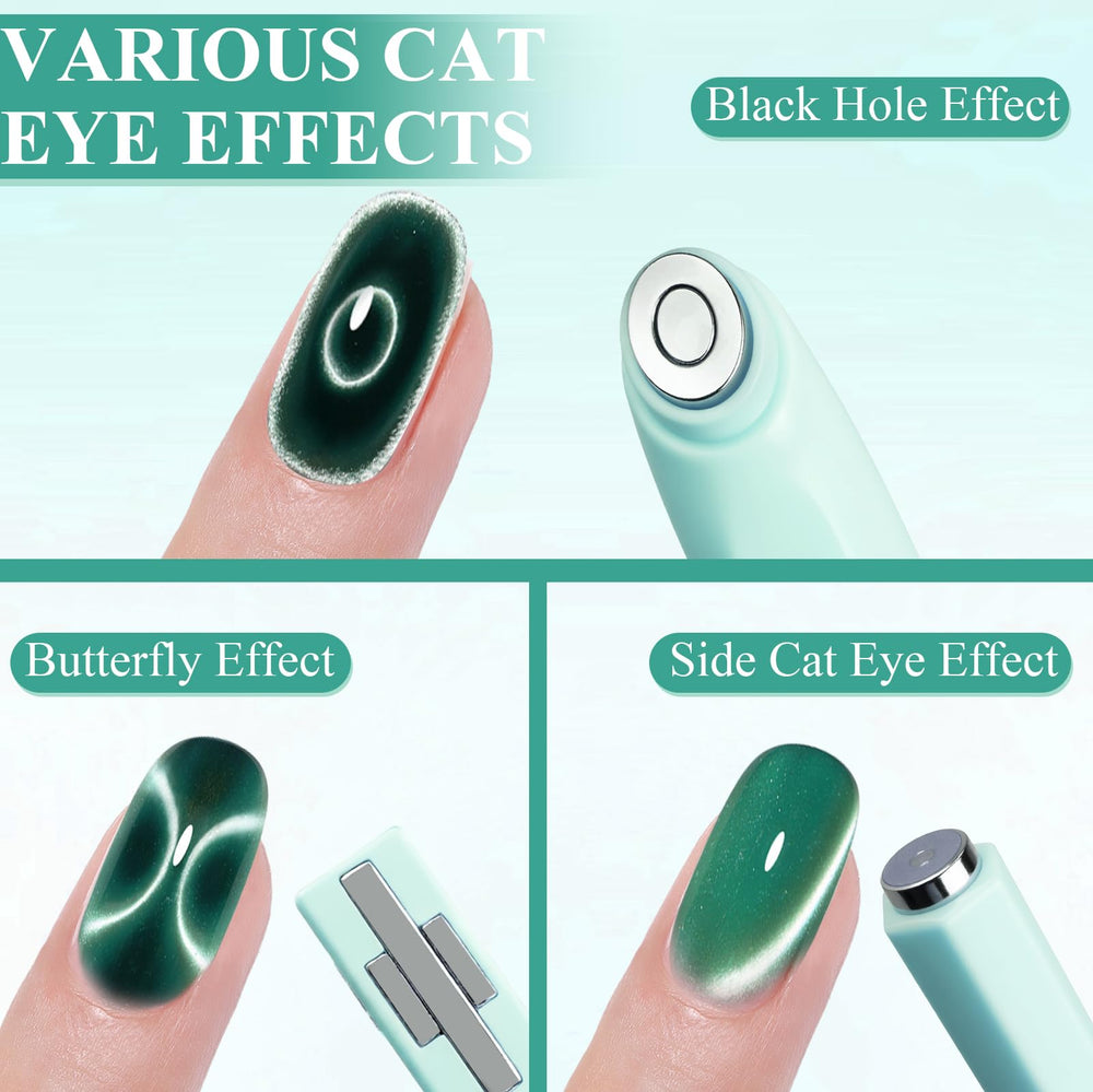 Plman cat-eye designs include ring, cross, and round effects in green