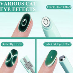 Plman cat-eye designs include ring, cross, and round effects in green