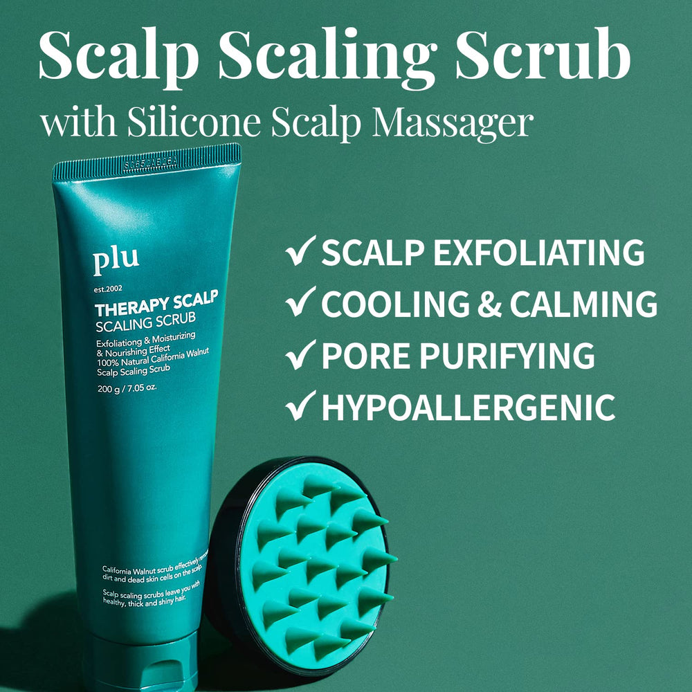 PLU walnut scrub texture highlights ultra-fine exfoliation for smooth scalp skin.