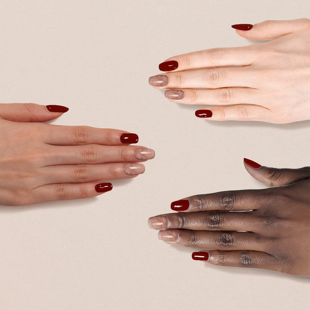 Pluchke color swatches show burgundy and rose gold shades