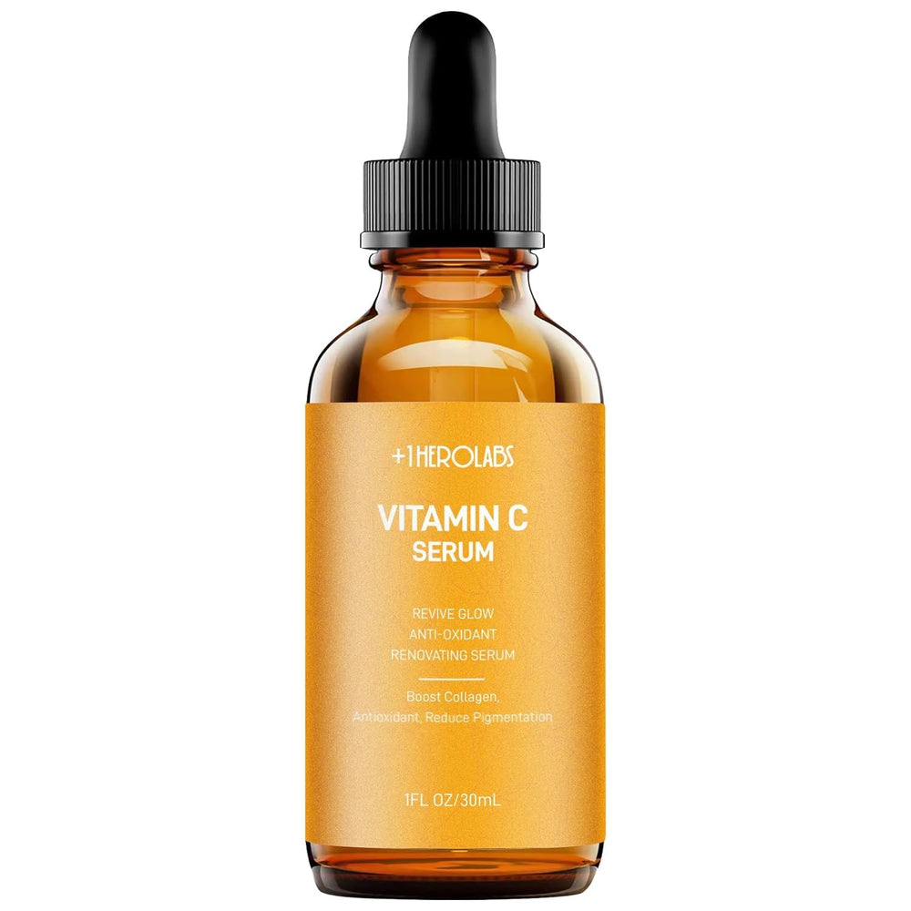 +1HEROLABS Vitamin C Serum bottle pour supports nightly nourishment for brighter, even-looking skin.