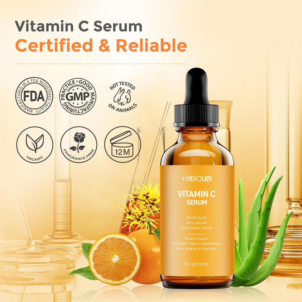 +1HEROLABS Vitamin C Serum close-up showing radiant skin texture.