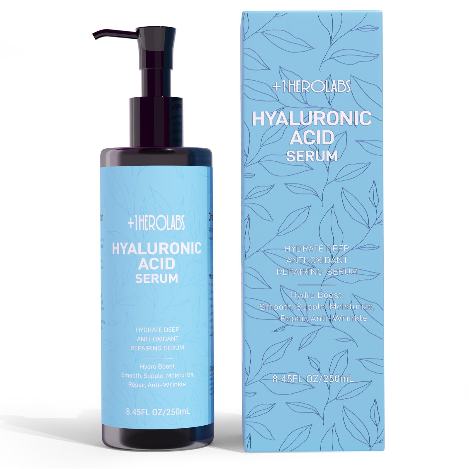 +1HEROLABS hyaluronic serum bottle closeup, emphasizing deep hydration for face and neck.
