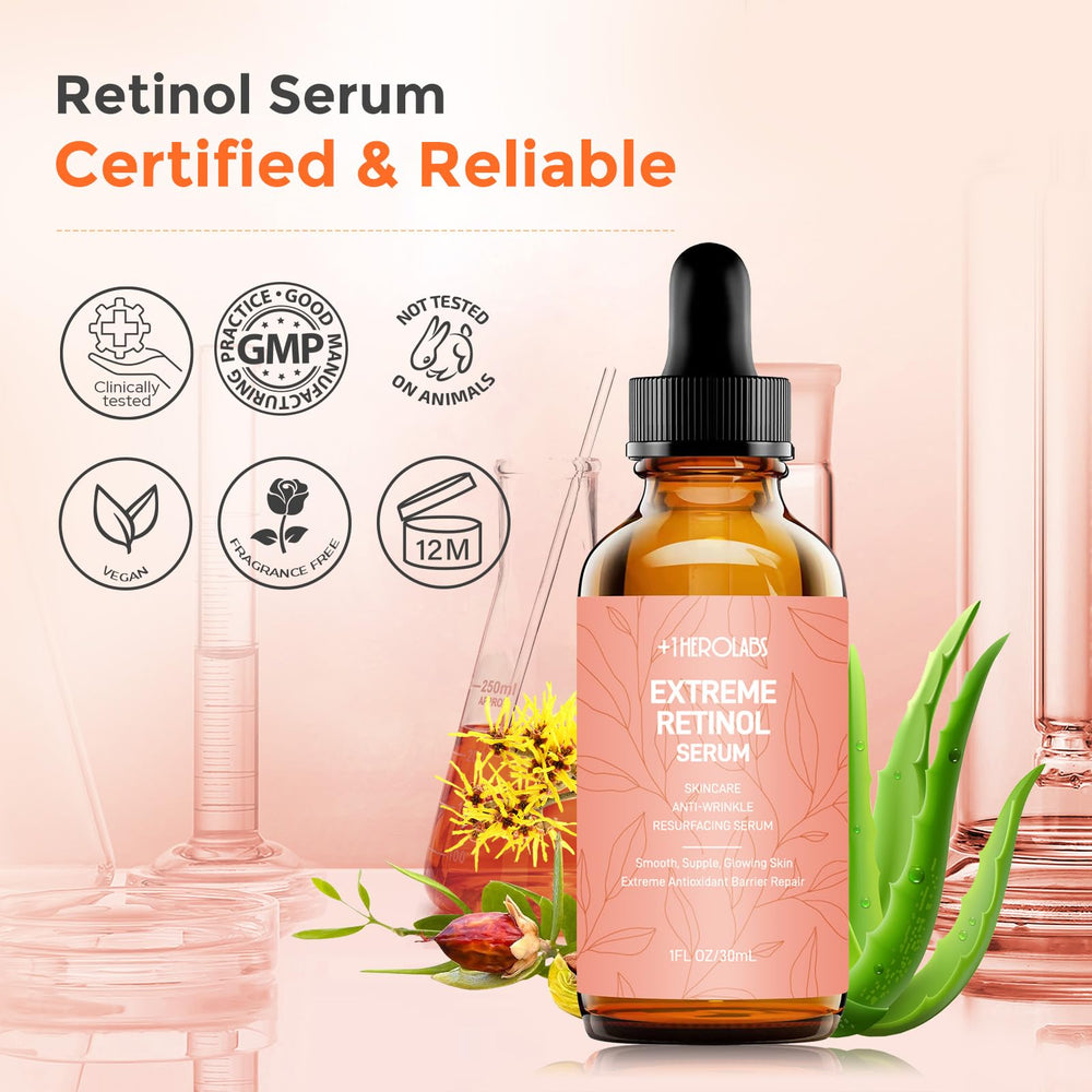 +1HEROLABS Retinol Serum skin-closeup shows smoother texture and glow.