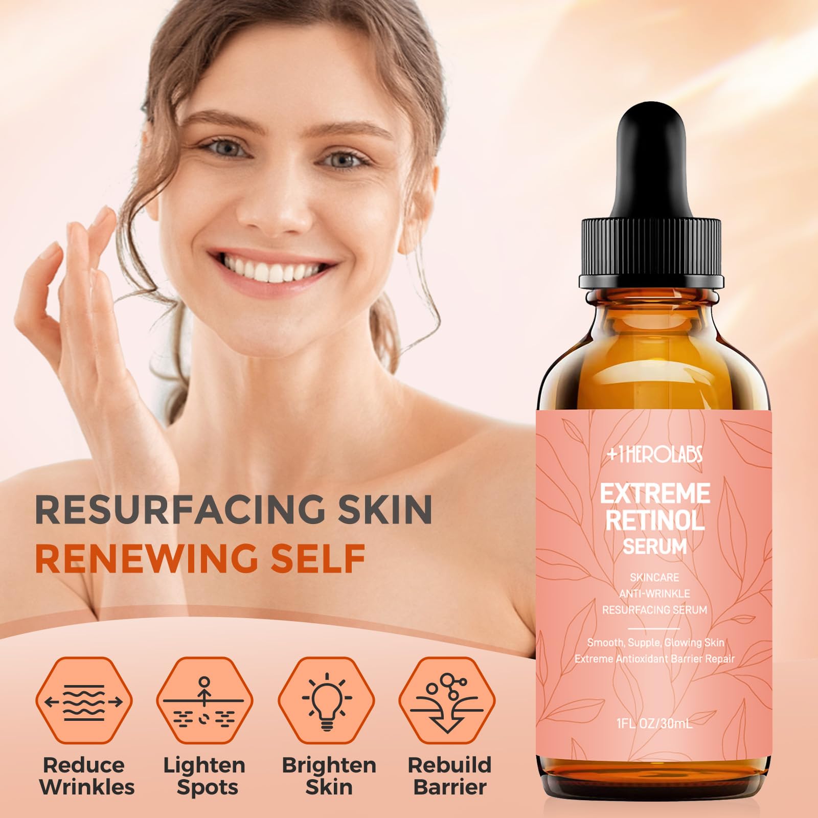 +1HEROLABS Retinol Serum texture closeup highlights lightweight, fast-absorbing formula.