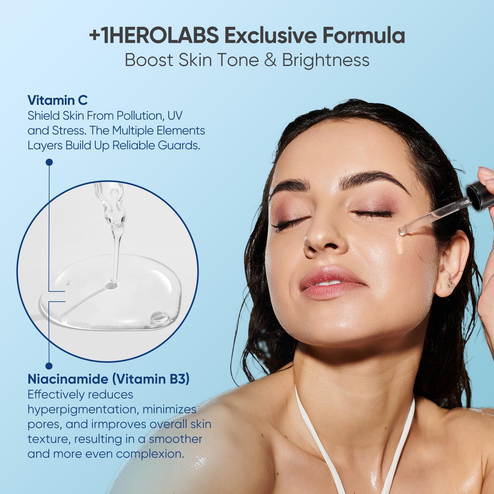 Plus1Herolabs Vitamin C Niacinamide label highlights brightening and even tone.