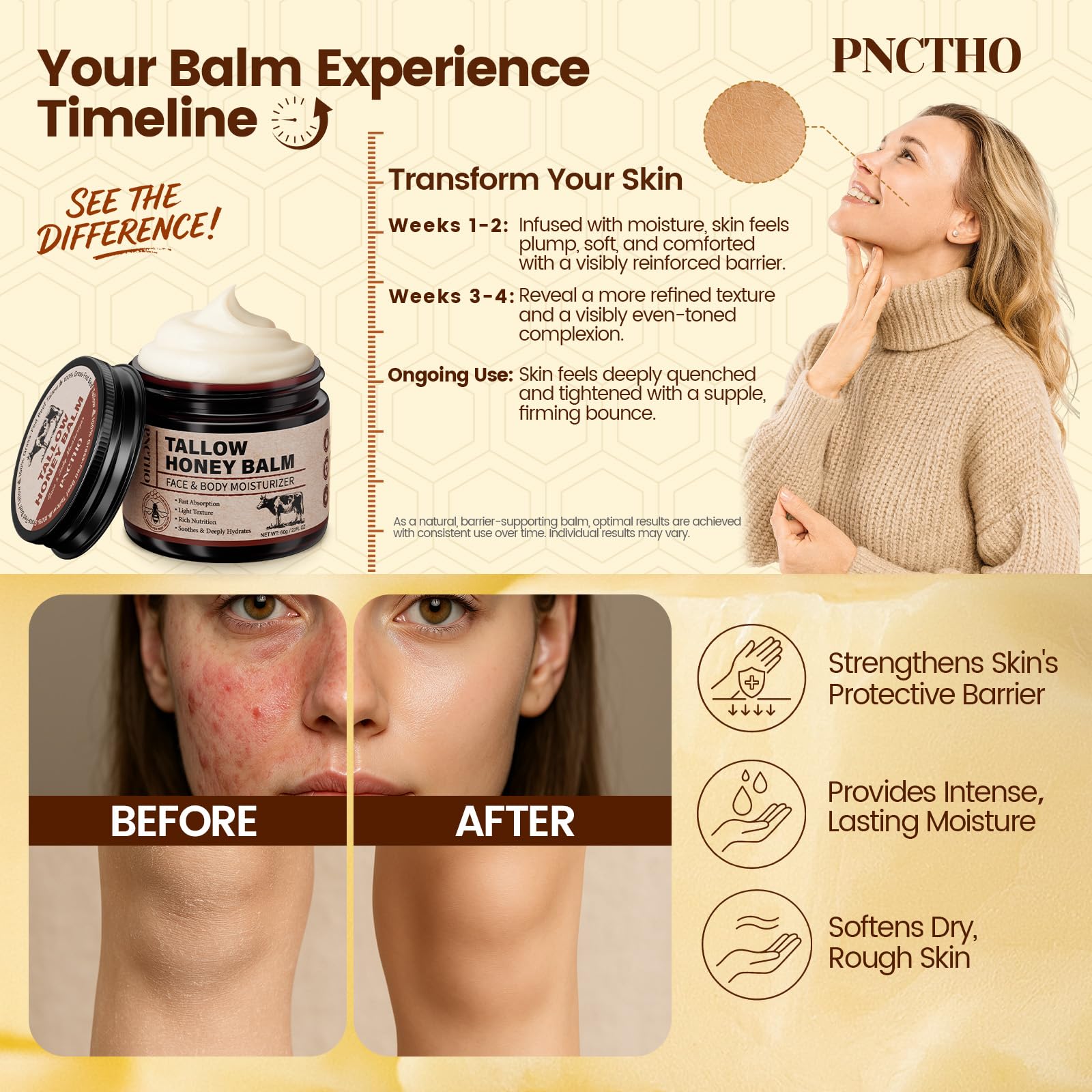 Pnctho balm applied on face and body for multi use care