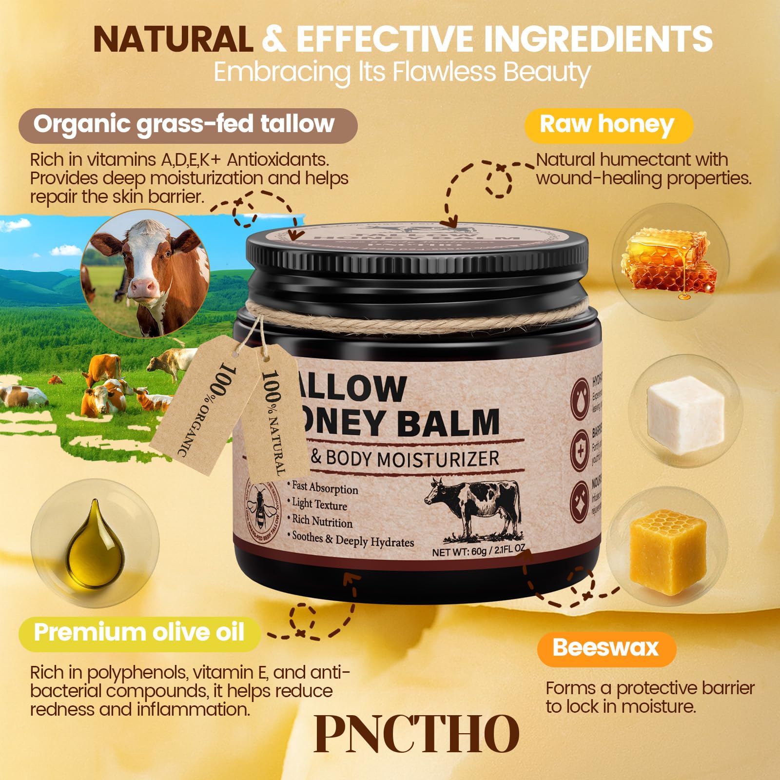 Pnctho grass-fed beef tallow bottle highlighting natural ingredients