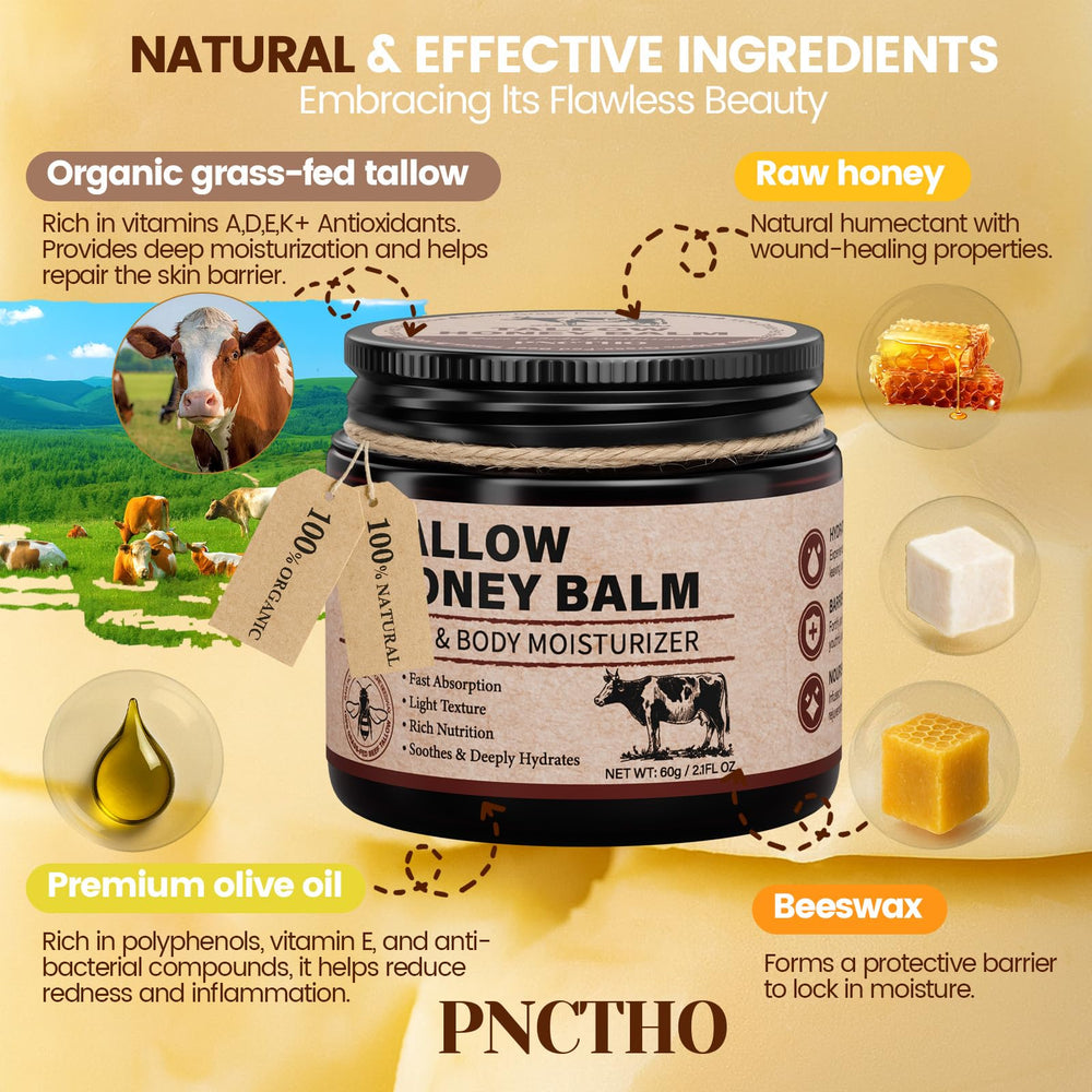 Pnctho grass-fed beef tallow bottle highlighting natural ingredients