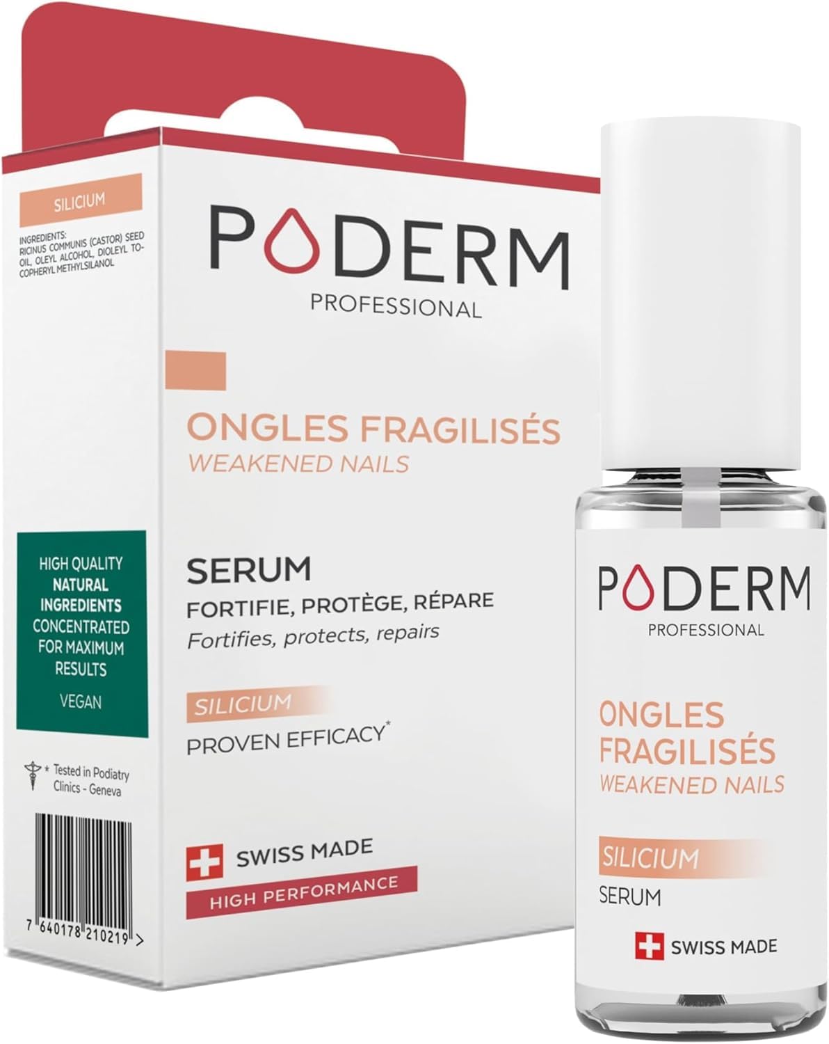 PODERM Nail Strengthener serum bottle reinforces fragile nails with natural silicon.