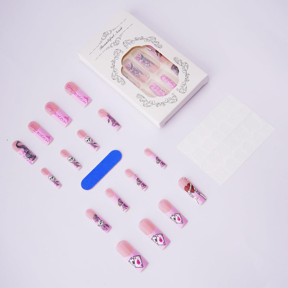 PODUOJIEYI glue-on nails with step-by-step application for easy manicure.