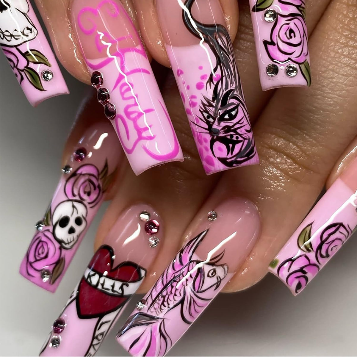 PODUOJIEYI pink coffin nails with koi rose design for at-home manicures.