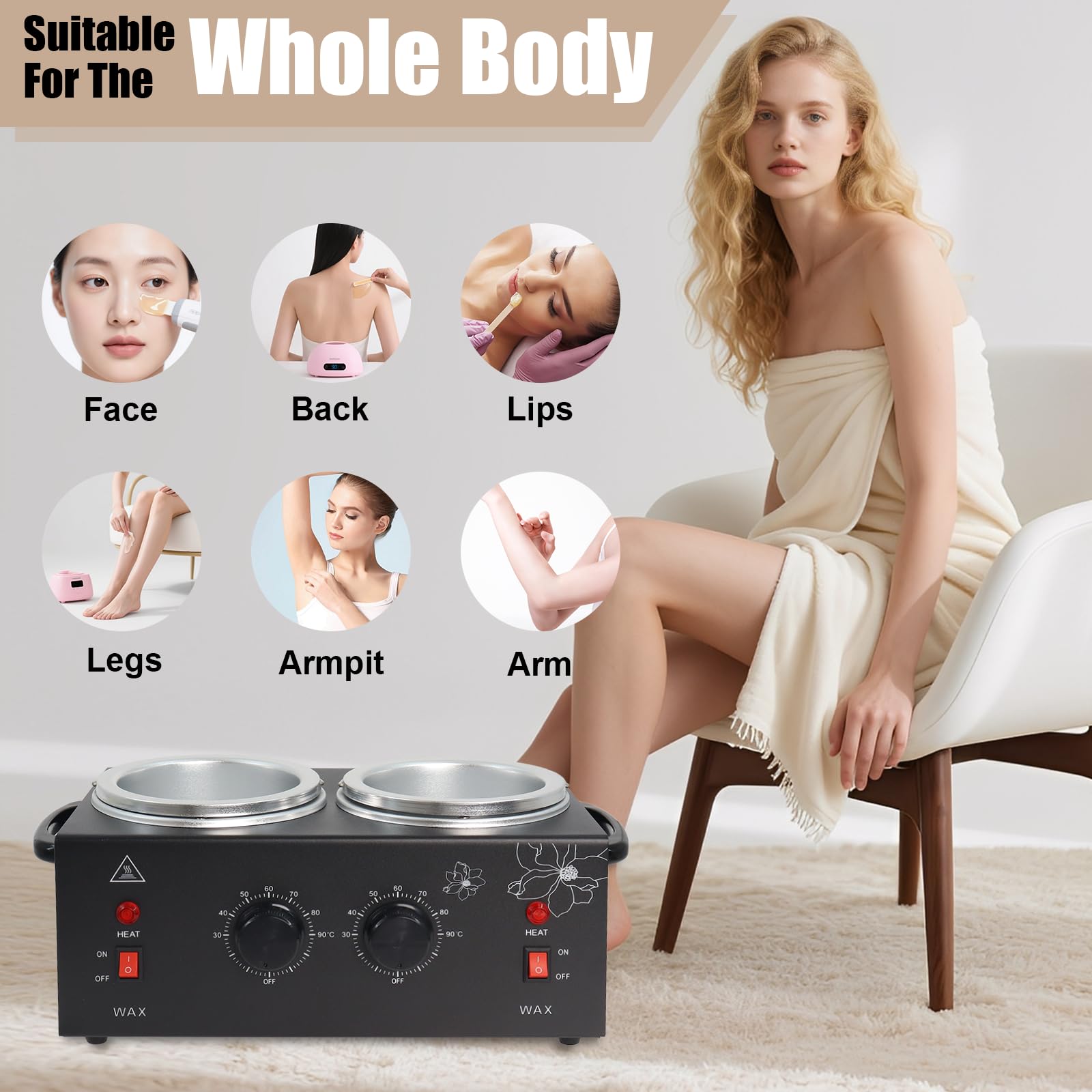 Podoy Wax Warmer Double Pot safety features with heat sinks and non-slip handle.