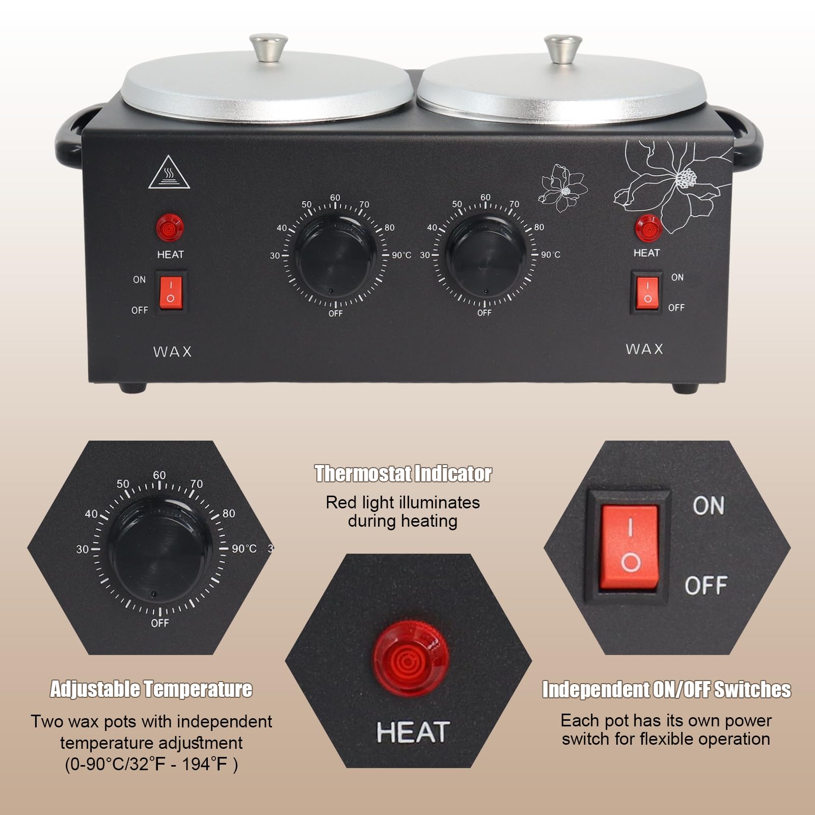 Podoy Wax Warmer Double Pot side view showing durable metal body and sturdy handles.