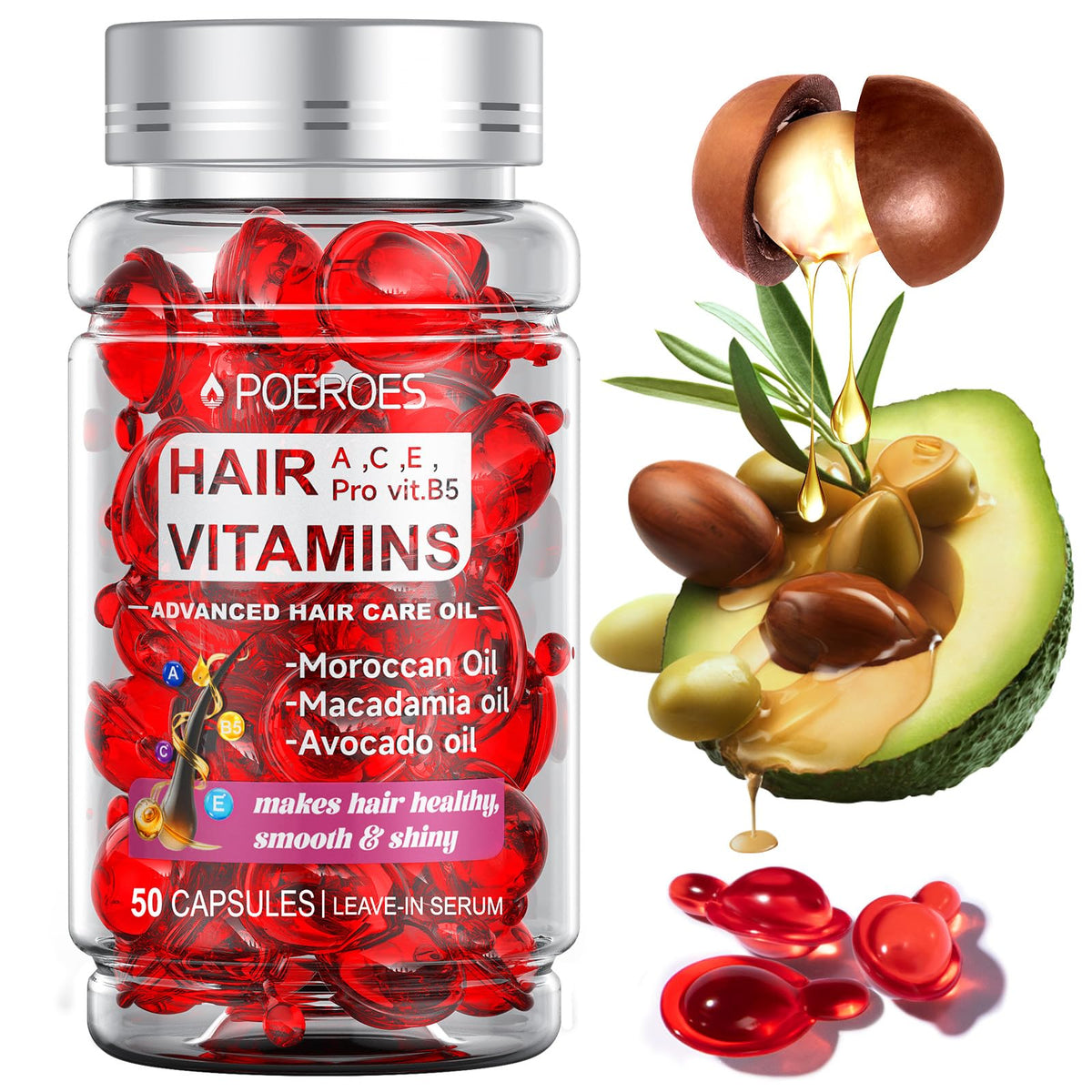 POEROES Hair Oil bottle with capsules provides daily nourishment.