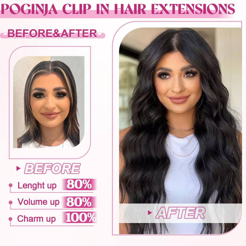 POGINJA 14–24 inch straight Remy hair blends with natural tresses.
