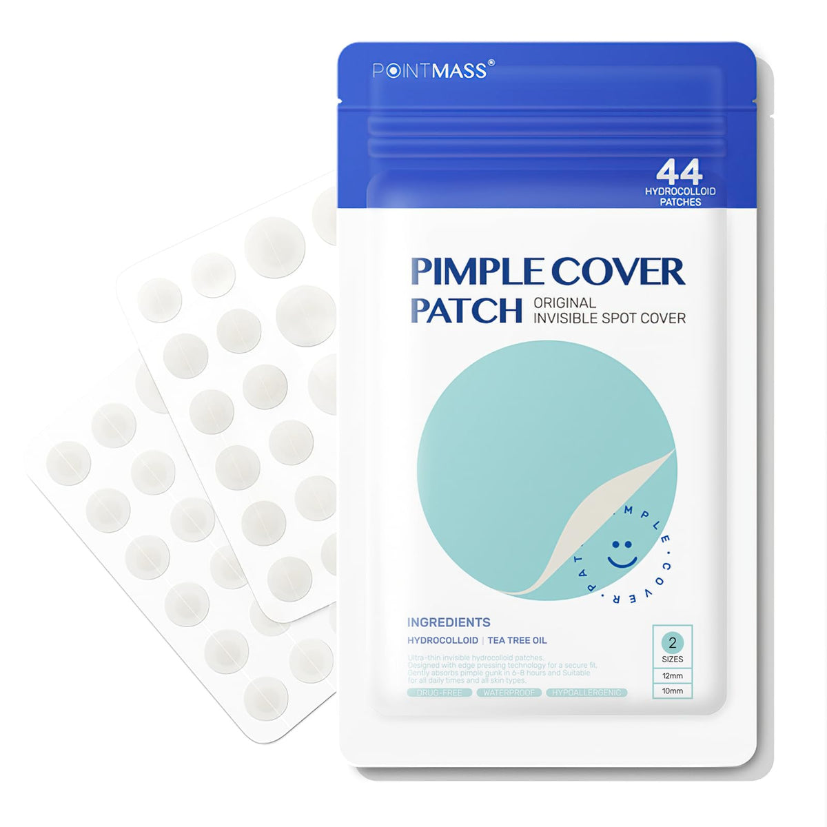 PointMass Pimple Patches packaging showing discreet on-the-go acne care.