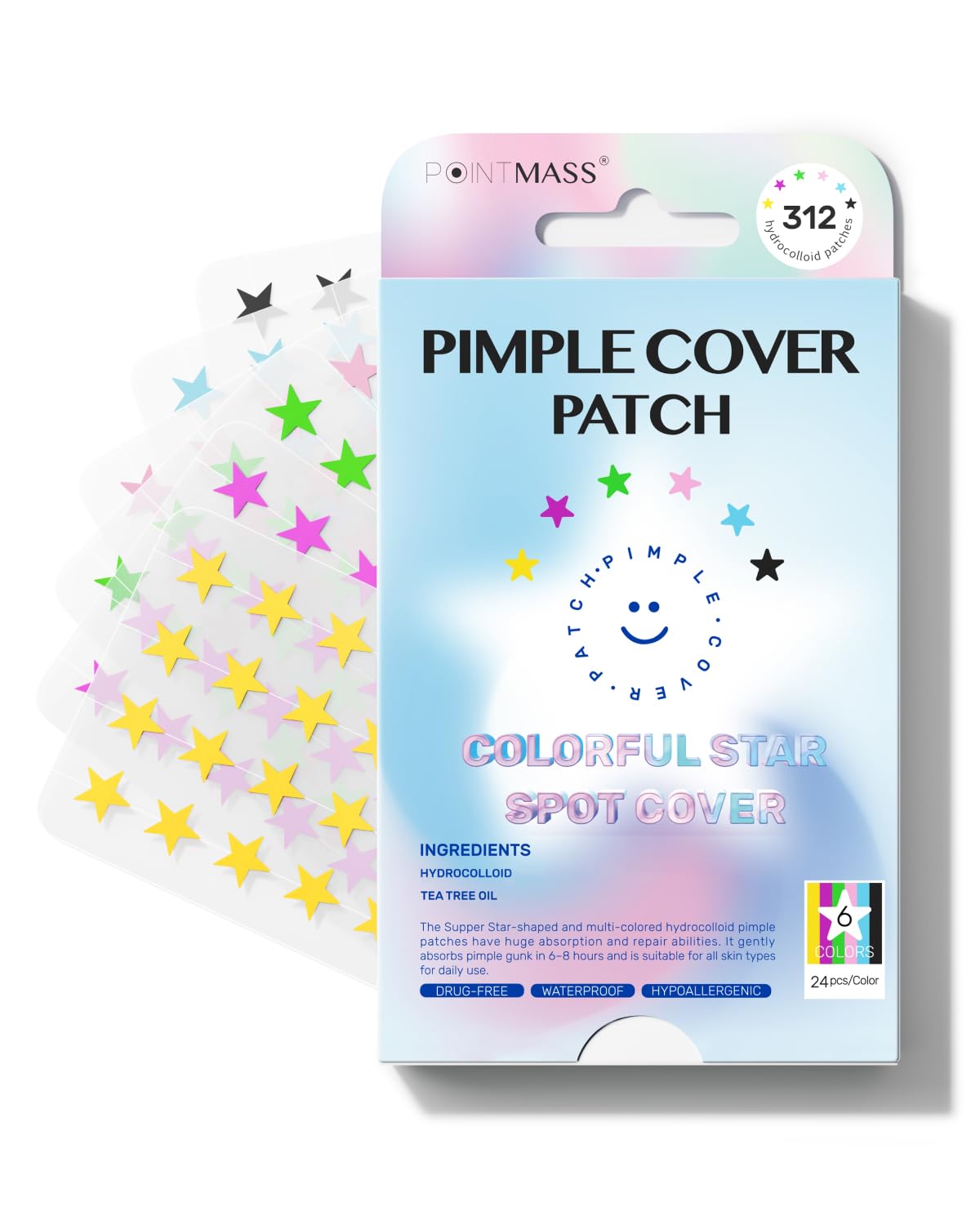POINTMASS Star Patches on a face close-up showing star-shaped coverage.