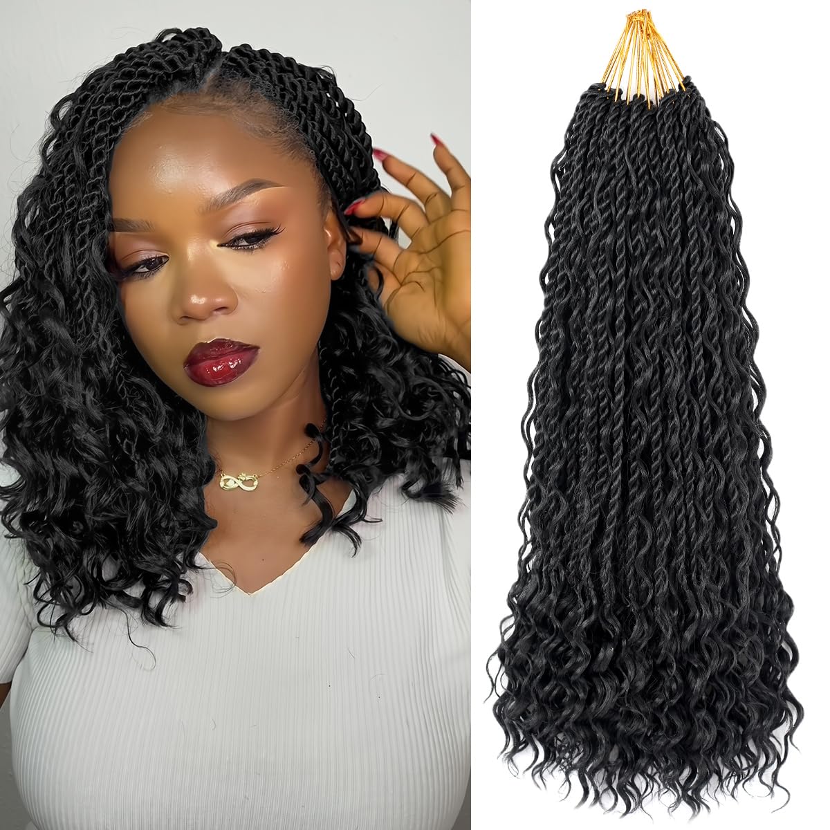 pojui Senegalese twist crochet hair 14 inch on model for a chic, low-maintenance goddess look.