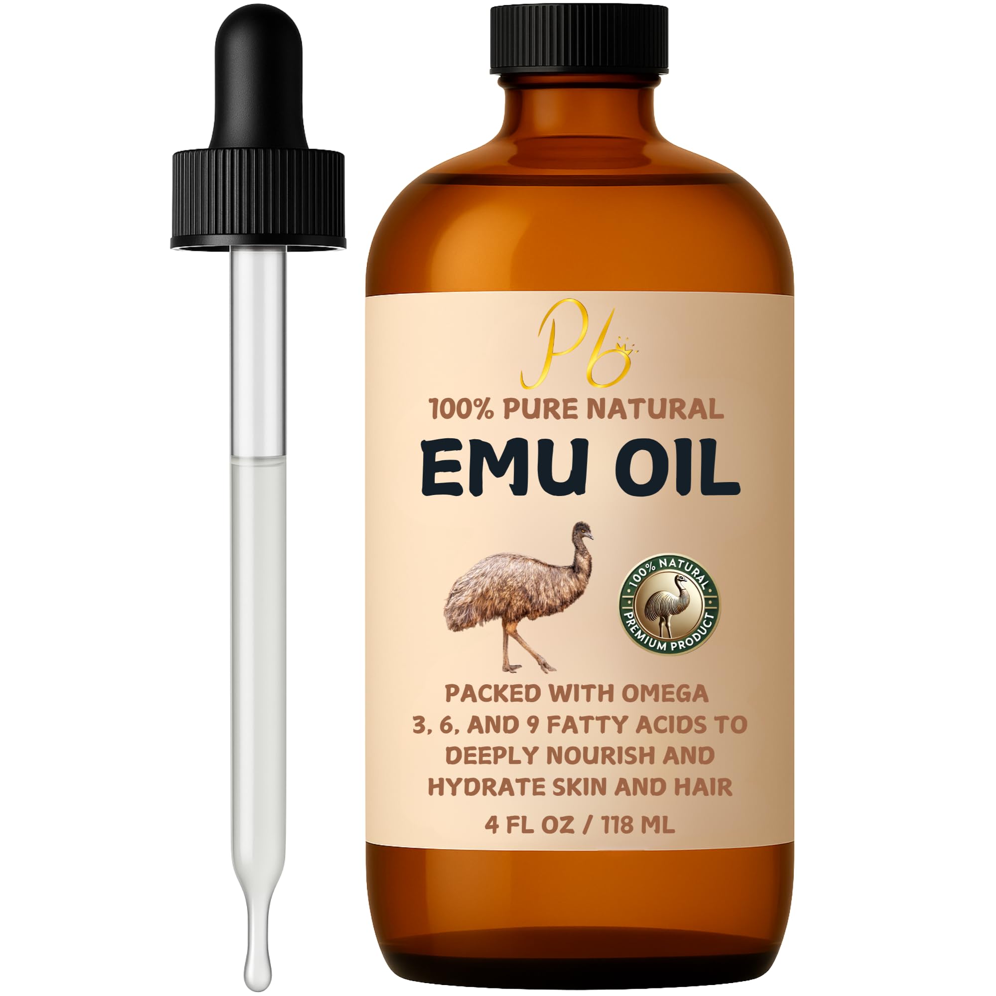 Pomberries Emu Oil in amber bottle with dropper for precise moisturizing.