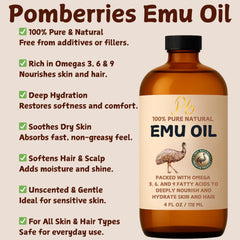 Pomberries Emu Oil applied to skin provides lightweight hydration and absorption.