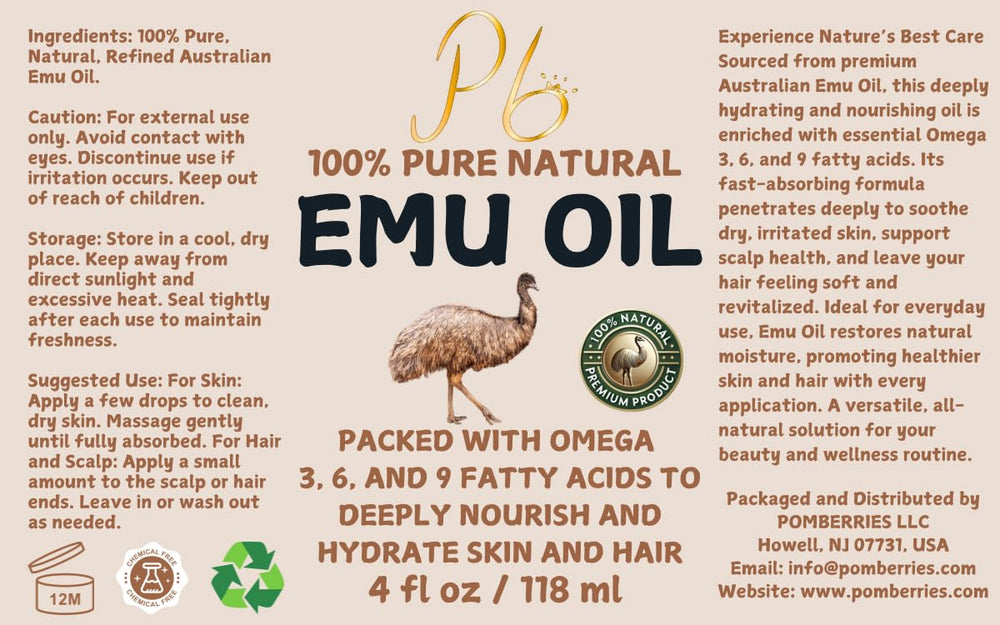 Pomberries Emu Oil stored in amber bottle protects freshness and quality.