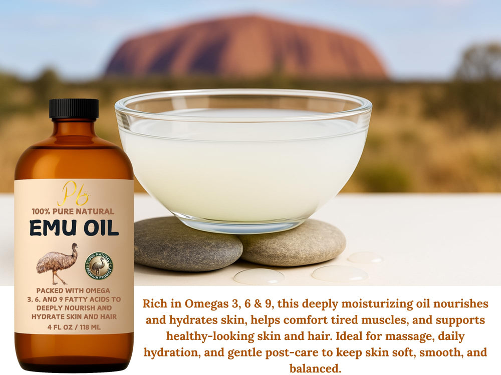 Pomberries Emu Oil label on amber bottle highlights purity and unscented formula.