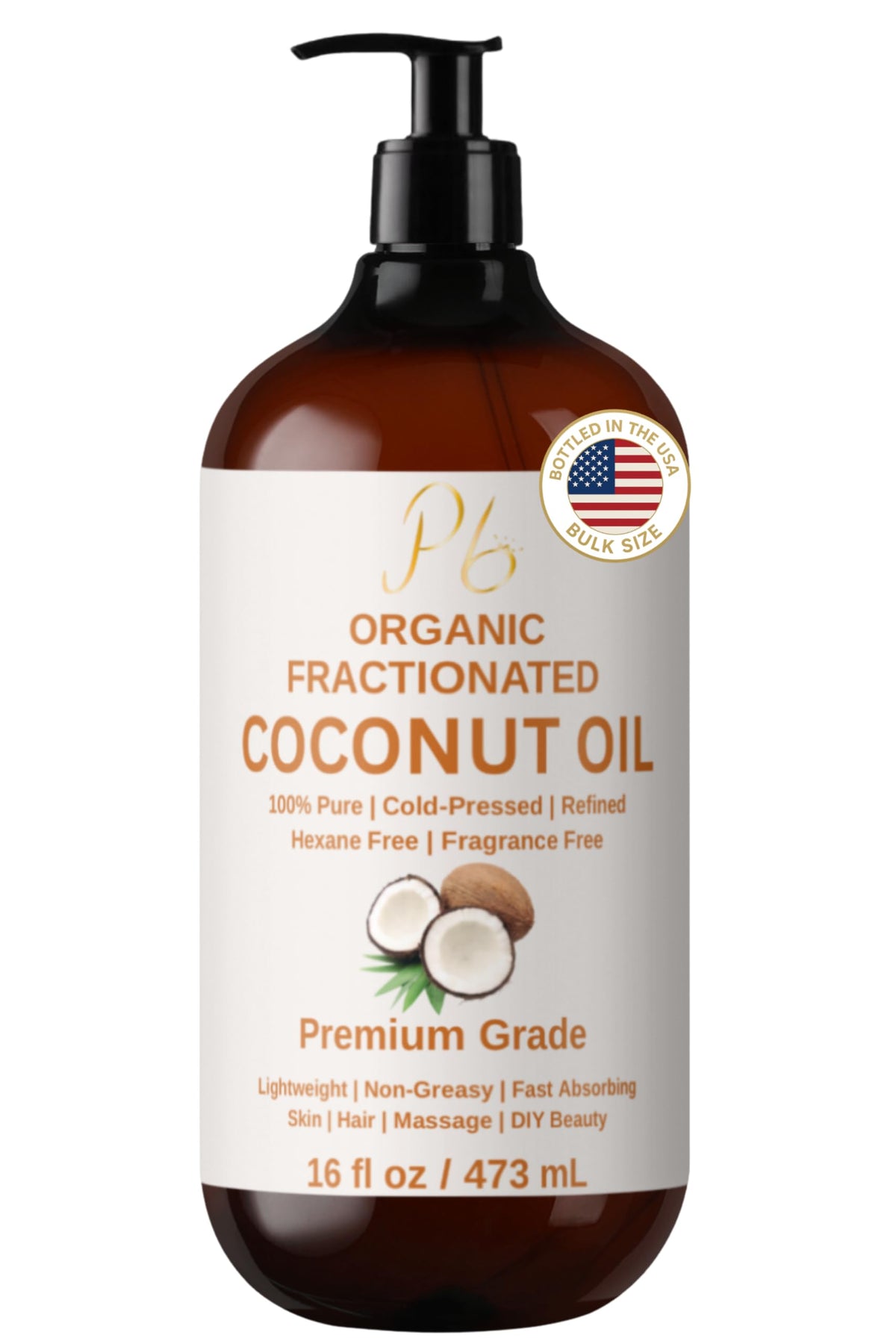 Pomberries Fractionated Coconut Oil bottle with pump for easy, mess-free application.