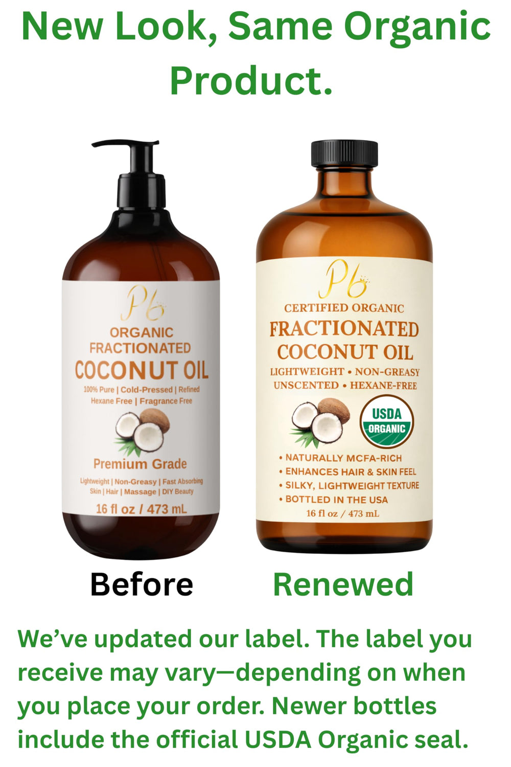 Pomberries Fractionated Coconut Oil glass bottle helps maintain freshness and reduce leaks.