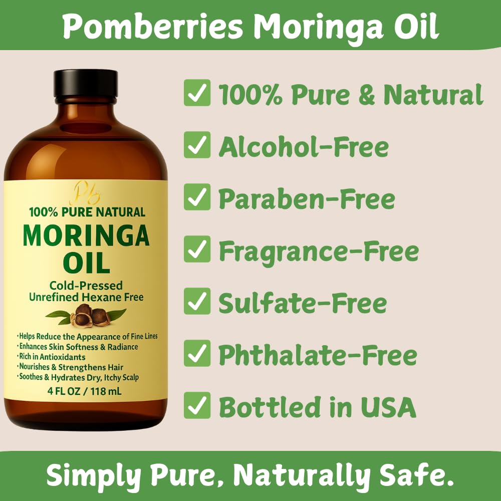 Closeup of Pomberries Moringa Oil shows purity and a smooth, fast-absorbing texture.