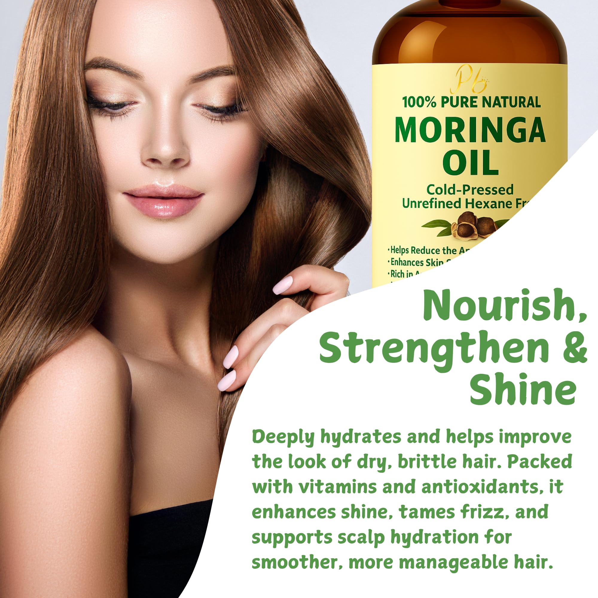 Drops on hand illustrate quick absorption of Pomberries Moringa Oil.