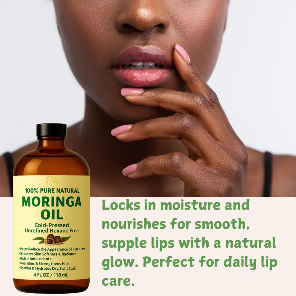 Natural ingredients banner highlights Pomberries Moringa Oil purity and antioxidant notes.