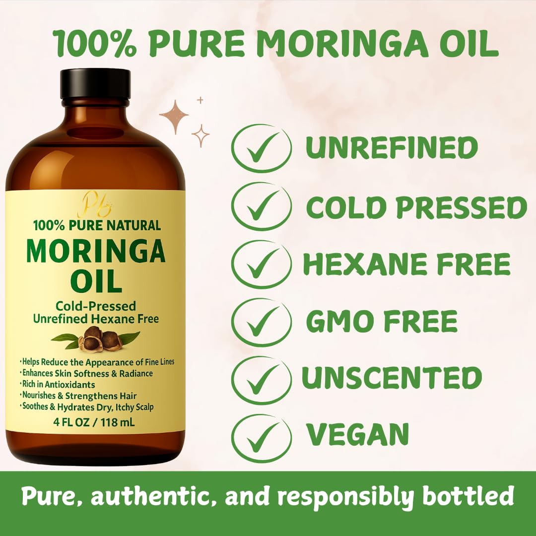 Pomberries Moringa Oil packaging with wooden cap signals premium, unrefined formulation.