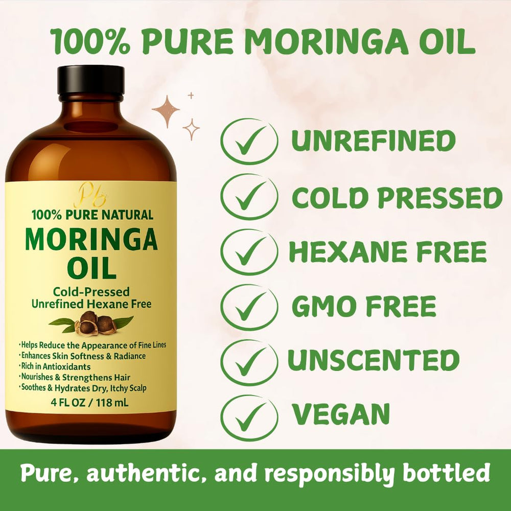 Pomberries Moringa Oil packaging with wooden cap signals premium, unrefined formulation.