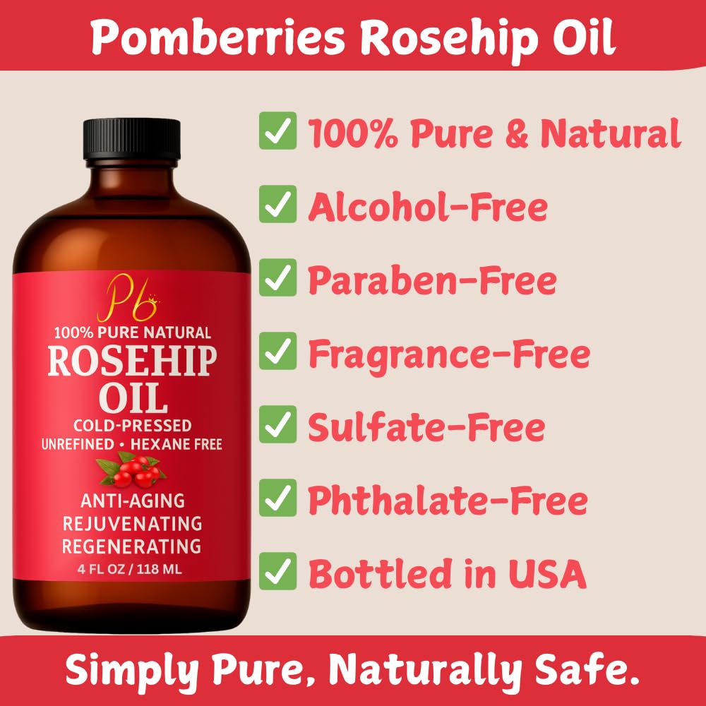Close-up of Pomberries Rosehip Oil showing rich, golden texture for healthy-looking skin