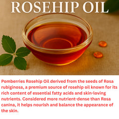 Pomberries Rosehip Seed Oil bottle being poured, ready for gentle facial application.