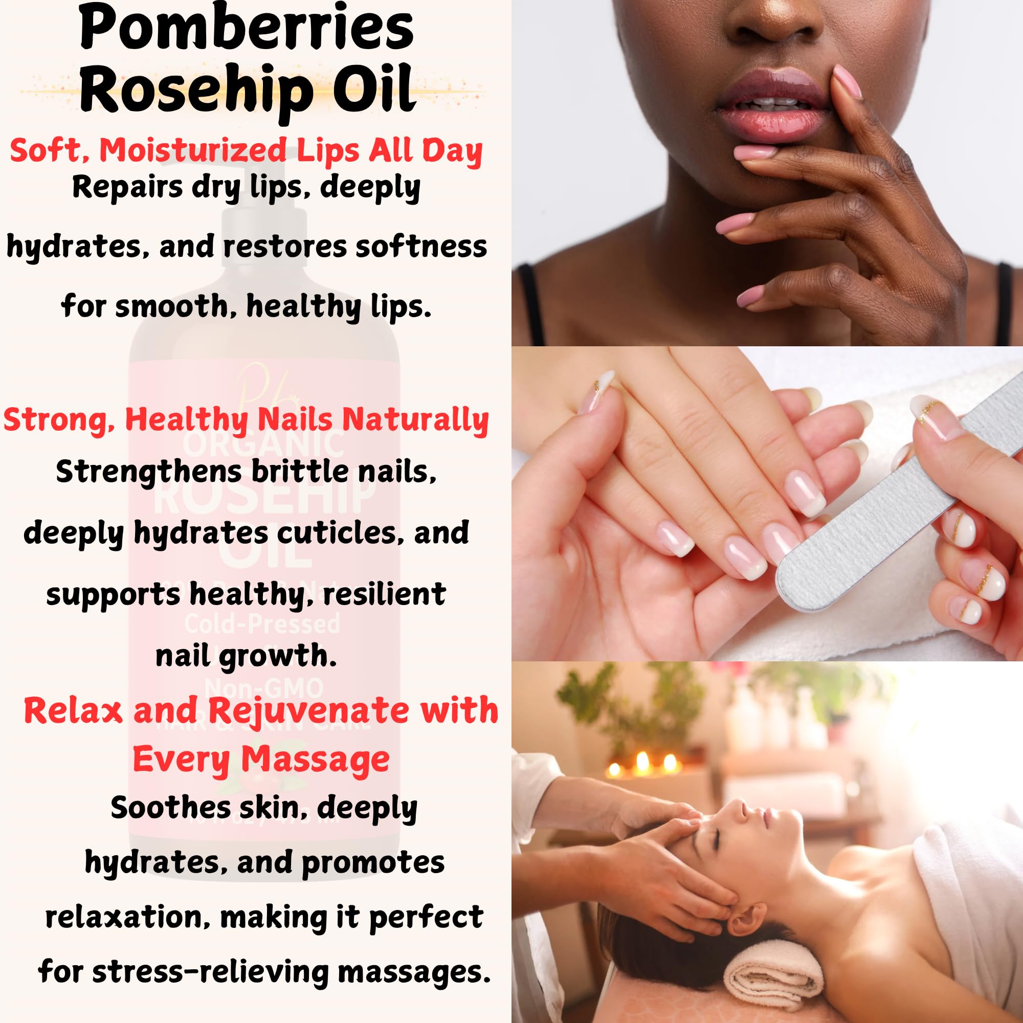 Pomberries Rosehip Seed Oil provides gentle facial hydration through daily use.