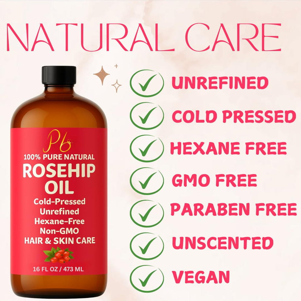 Pomberries Rosehip Seed Oil bottle shown with hair care use for scalp nourishment.