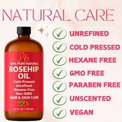 Pomberries Rosehip Seed Oil bottle shown with hair care use for scalp nourishment.