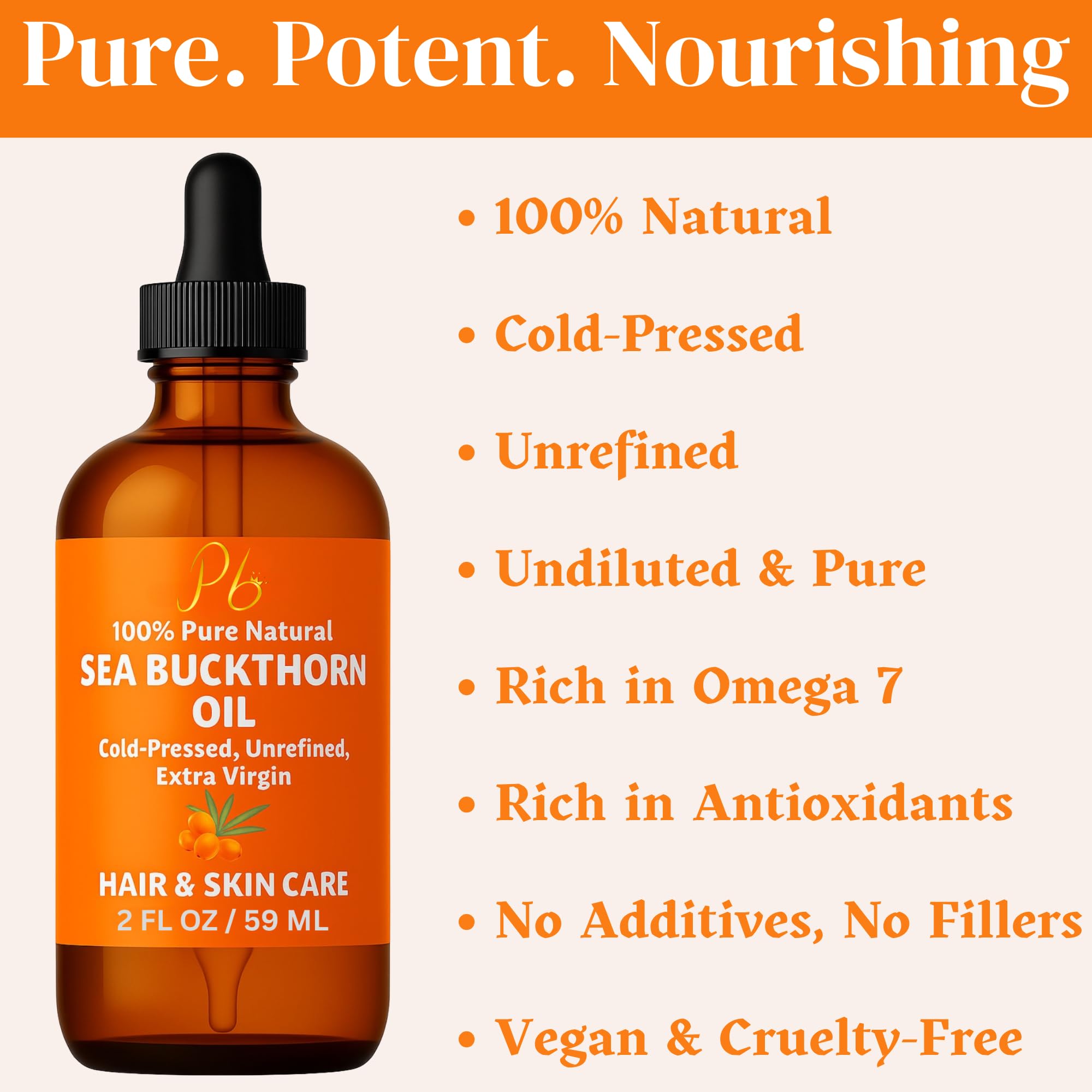 Pomberries Sea Buckthorn Oil amber bottle close-up highlighting purity