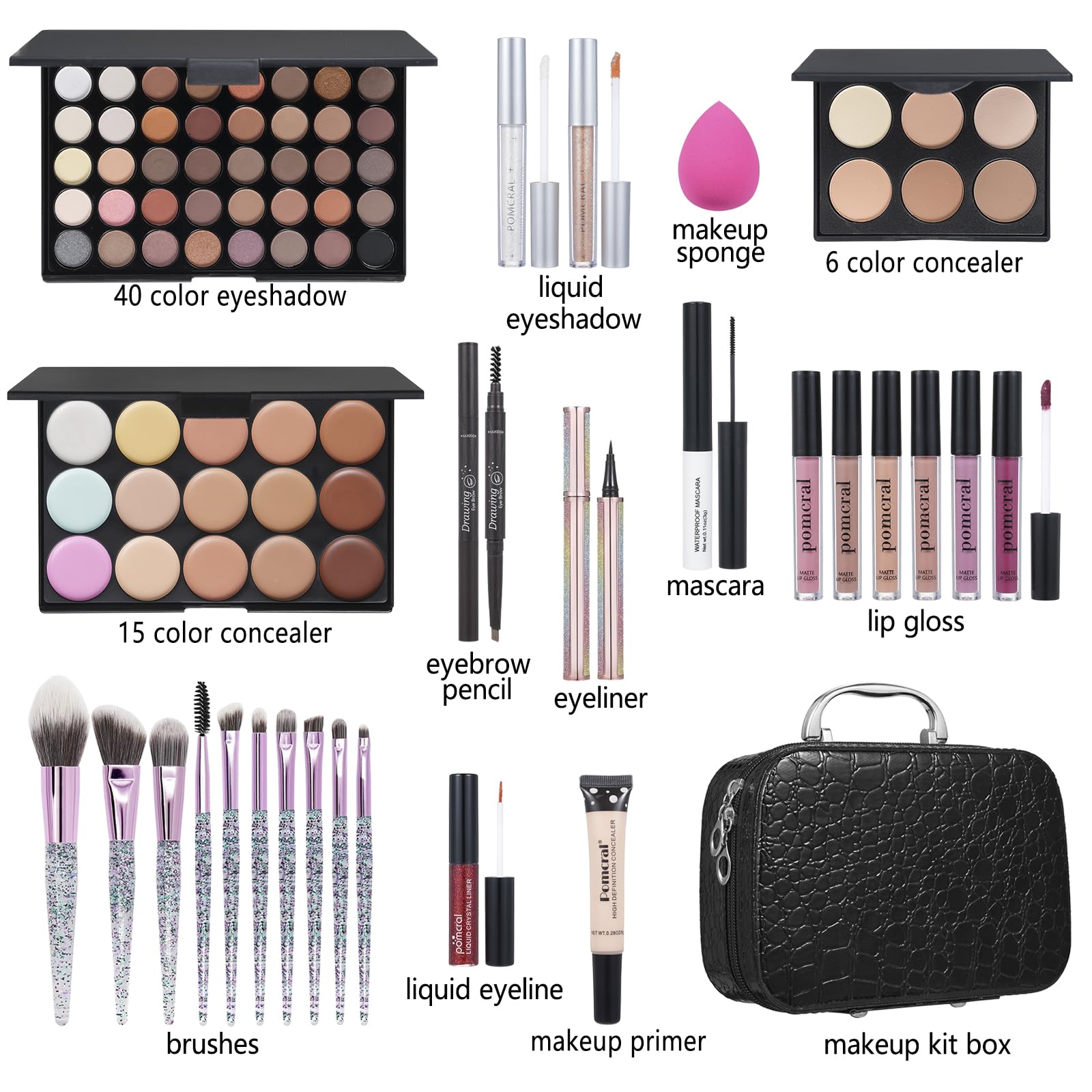 Pomcral 40-color eyeshadow palette close-up with rich, blendable pigments.