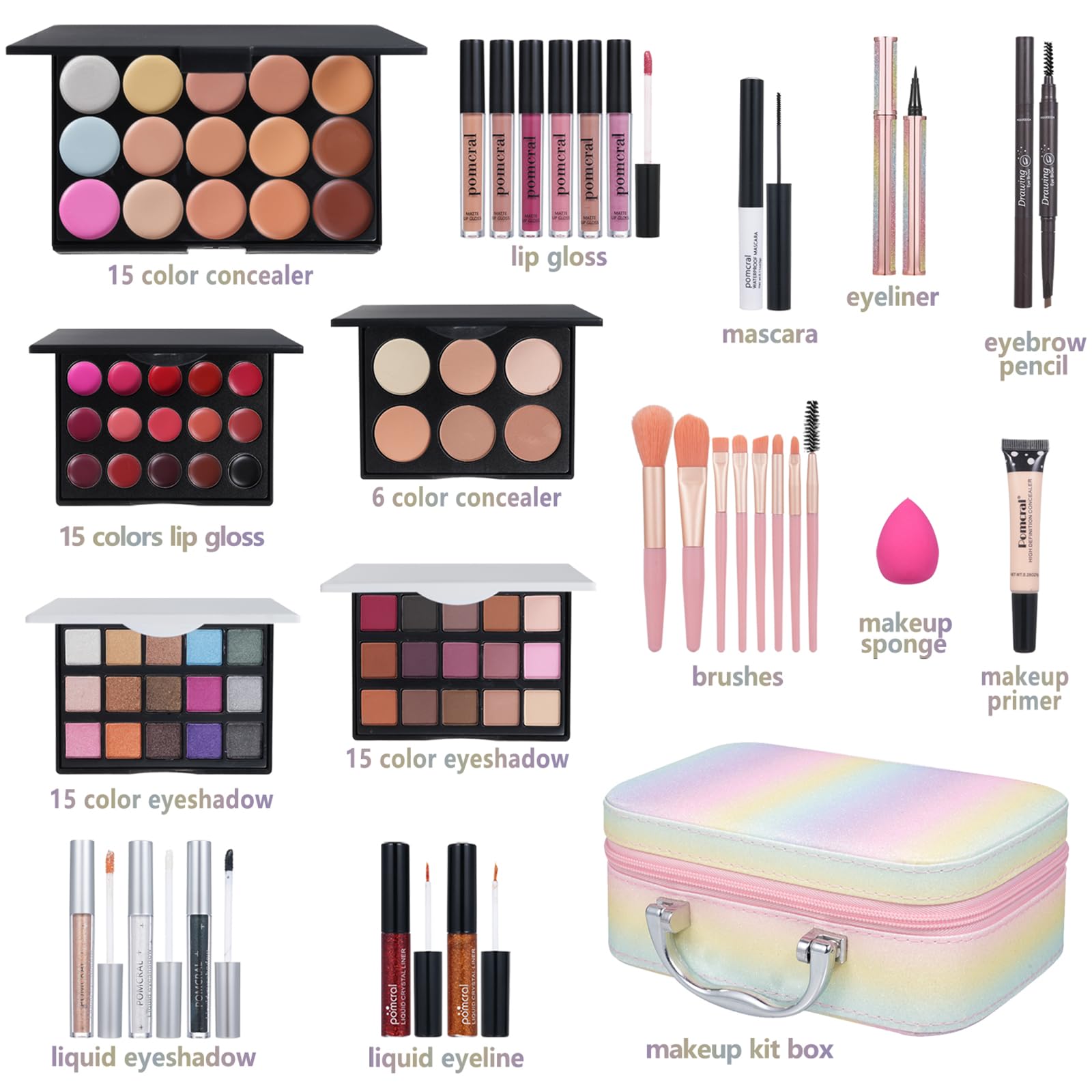 Pomcral All In On Makeup Kit concealer palette provides smooth coverage for a natural finish.