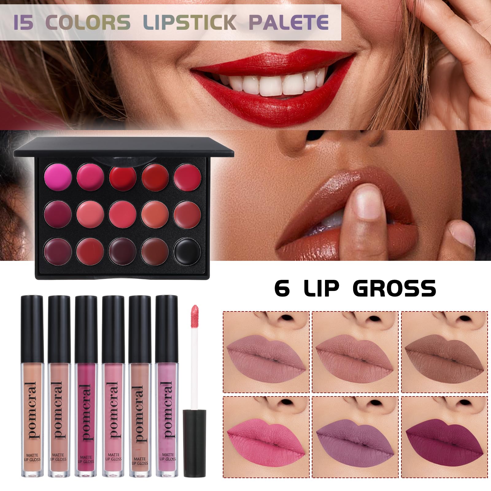 Pomcral All In On Makeup Kit lip gloss set adds shine and subtle color for everyday glam.