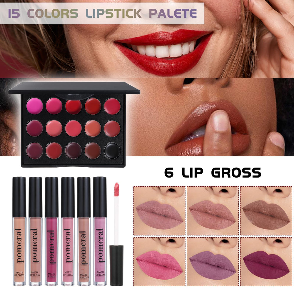Pomcral All In On Makeup Kit lip gloss set adds shine and subtle color for everyday glam.